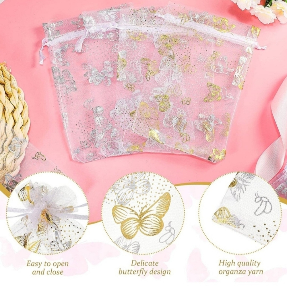 20 Butterfly Organza Drawstring Pouch Bags 4 x 6 - 8 gold and 8 silver